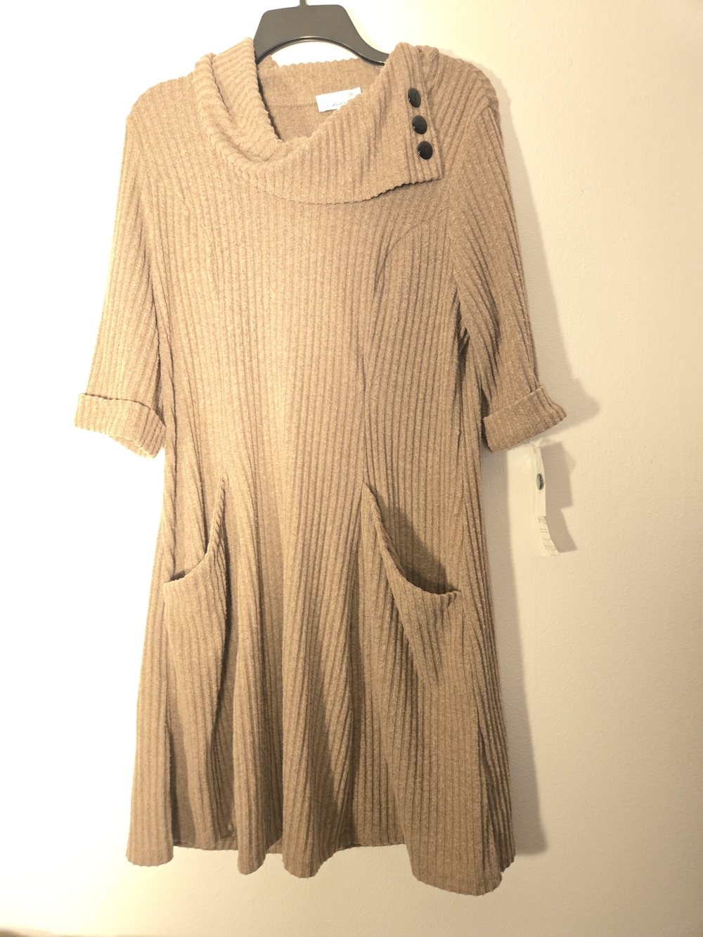 Cozy Ribbed Knit Tunic Dress with Button Collar
